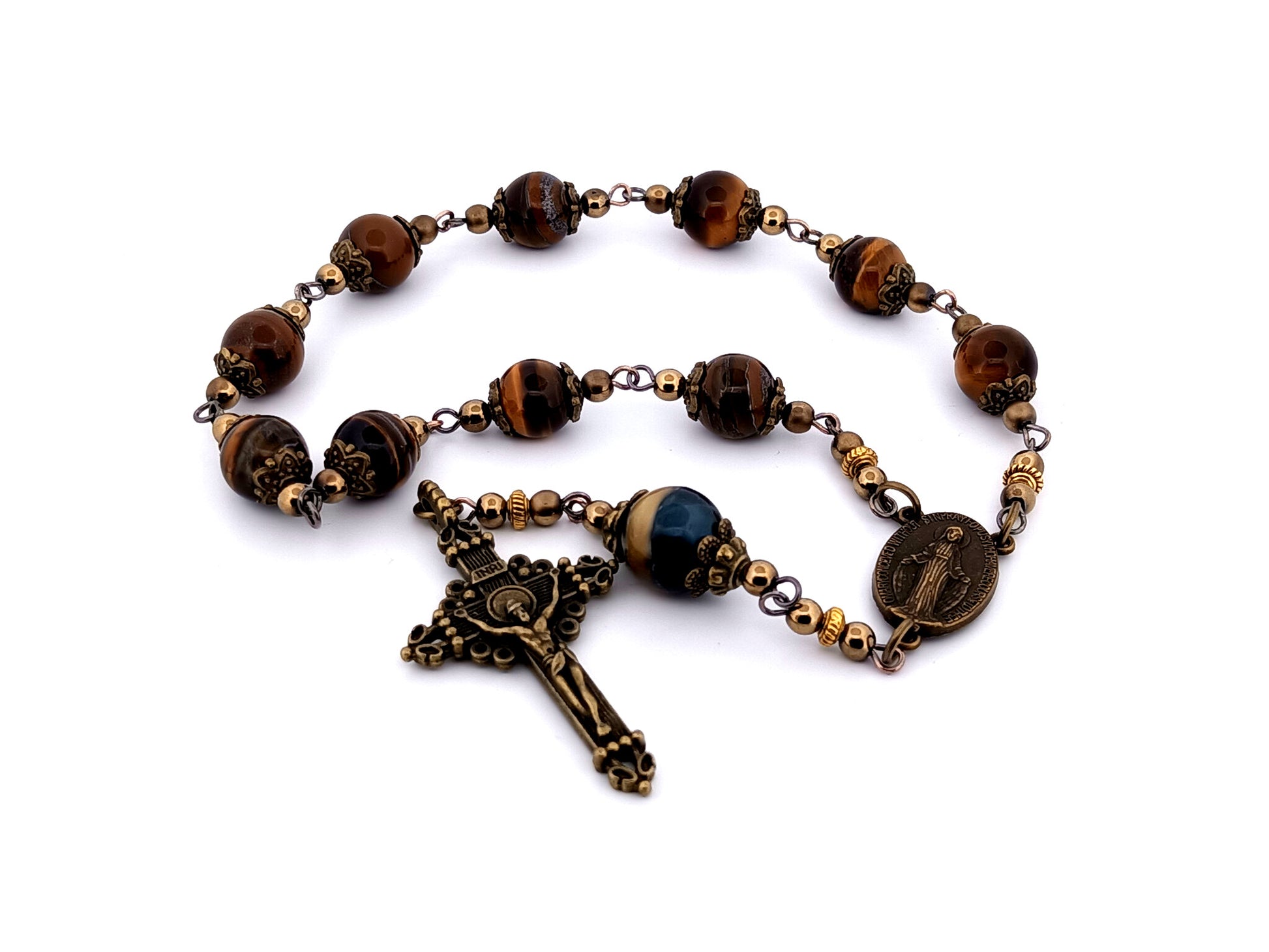 Vintage style unique rosary beads Miraculous medal tigers eye gemstone single decade pocket rosary beads with bronze crucifix.