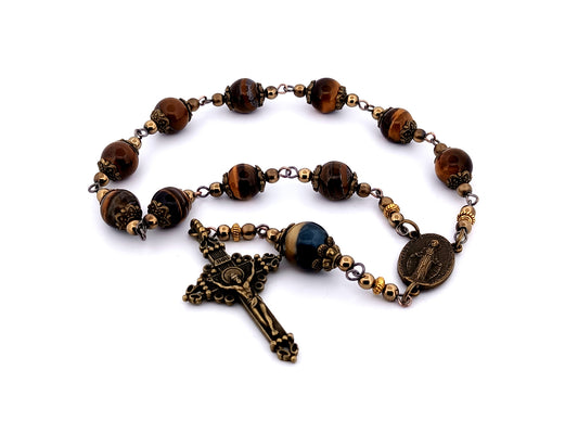 Vintage style unique rosary beads Miraculous medal tigers eye gemstone single decade pocket rosary beads with bronze crucifix.