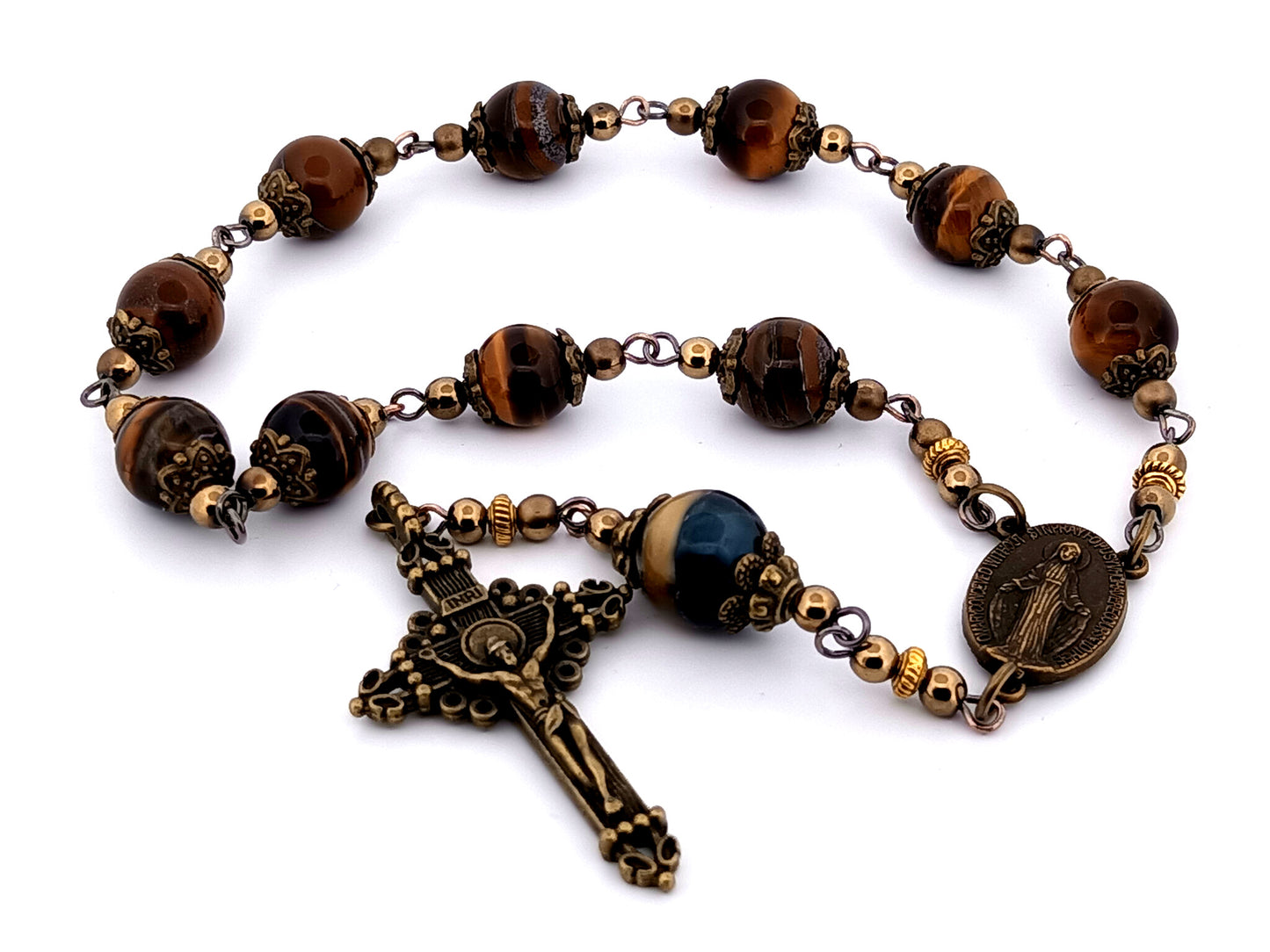Vintage style unique rosary beads Miraculous medal tigers eye gemstone single decade pocket rosary beads with bronze crucifix.
