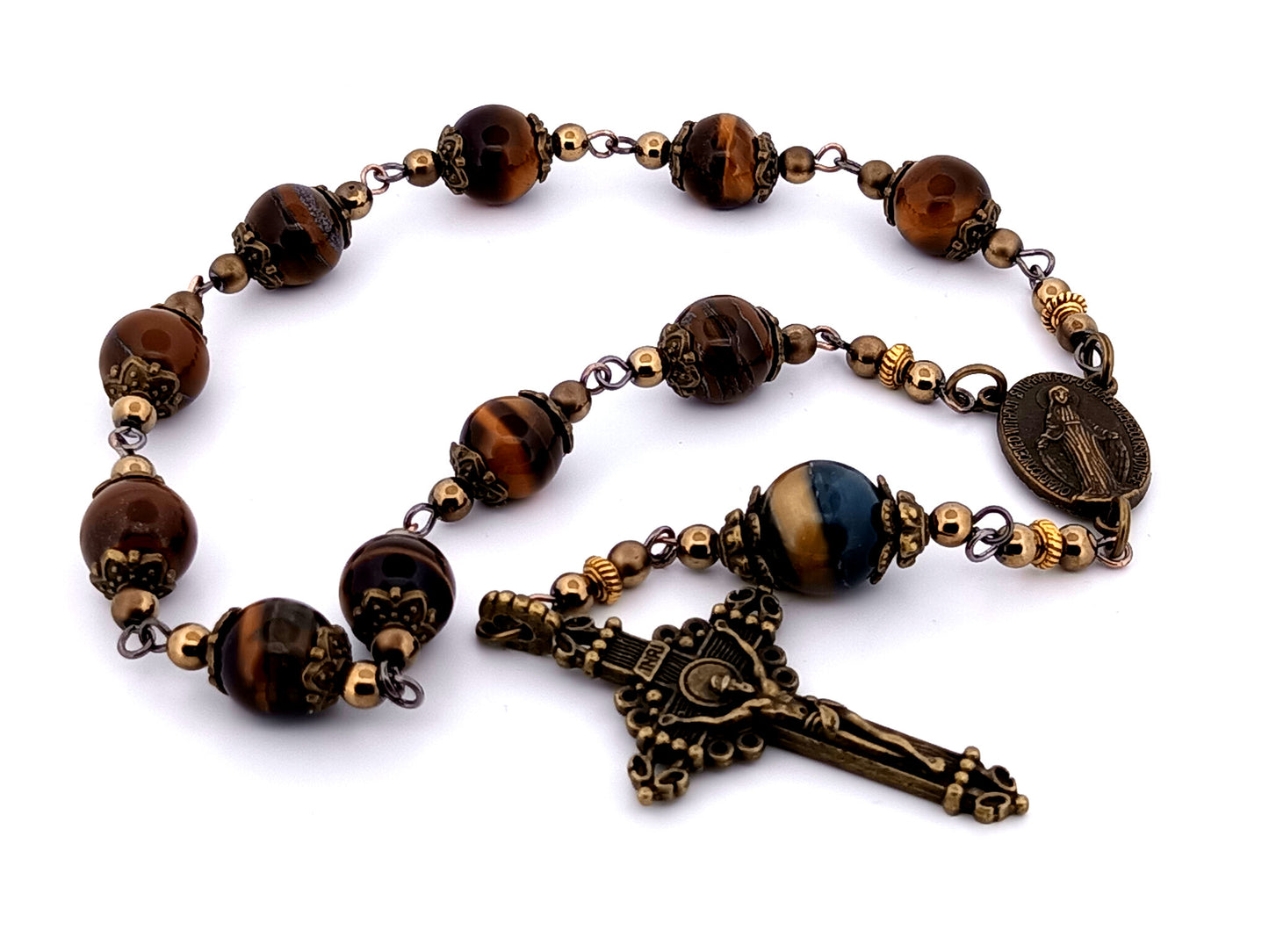 Vintage style unique rosary beads Miraculous medal tigers eye gemstone single decade pocket rosary beads with bronze crucifix.