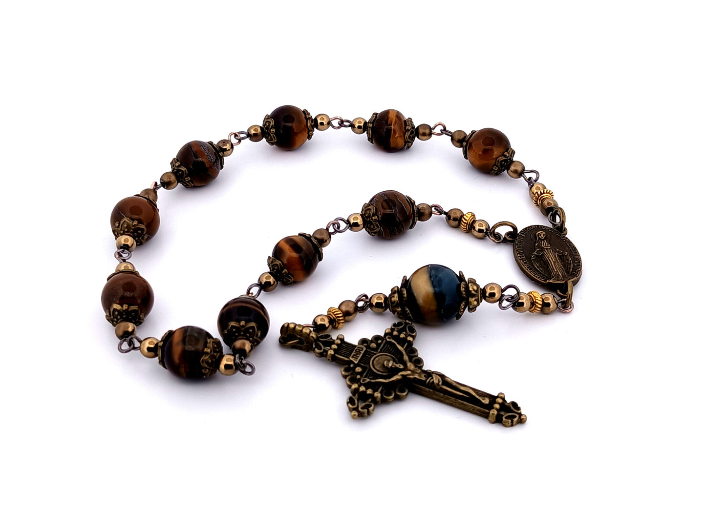 Vintage style unique rosary beads Miraculous medal tigers eye gemstone single decade pocket rosary beads with bronze crucifix.