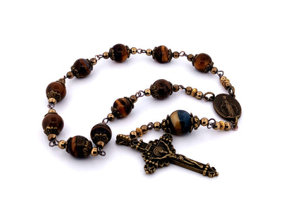 Vintage style unique rosary beads Miraculous medal tigers eye gemstone single decade pocket rosary beads with bronze crucifix.
