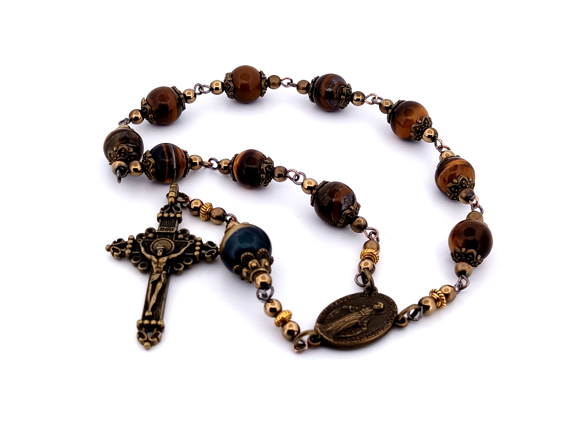 Vintage style unique rosary beads Miraculous medal tigers eye gemstone single decade pocket rosary beads with bronze crucifix.