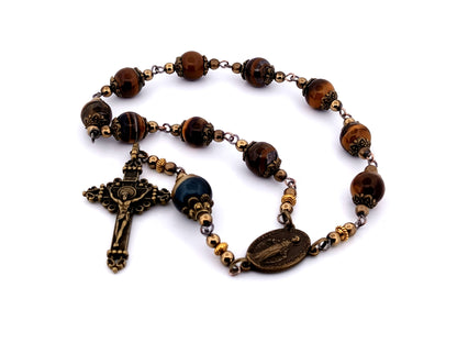 Vintage style unique rosary beads Miraculous medal tigers eye gemstone single decade pocket rosary beads with bronze crucifix.