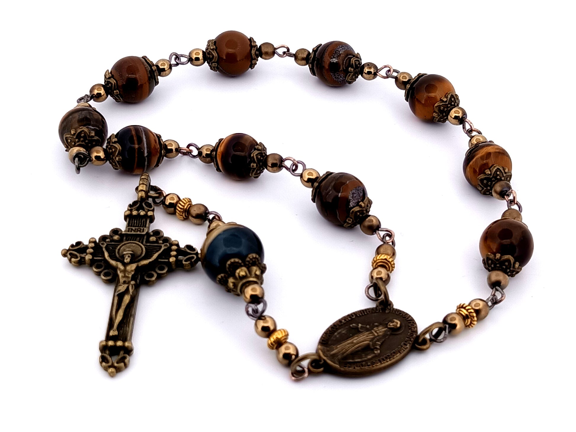 Vintage style unique rosary beads Miraculous medal tigers eye gemstone single decade pocket rosary beads with bronze crucifix.