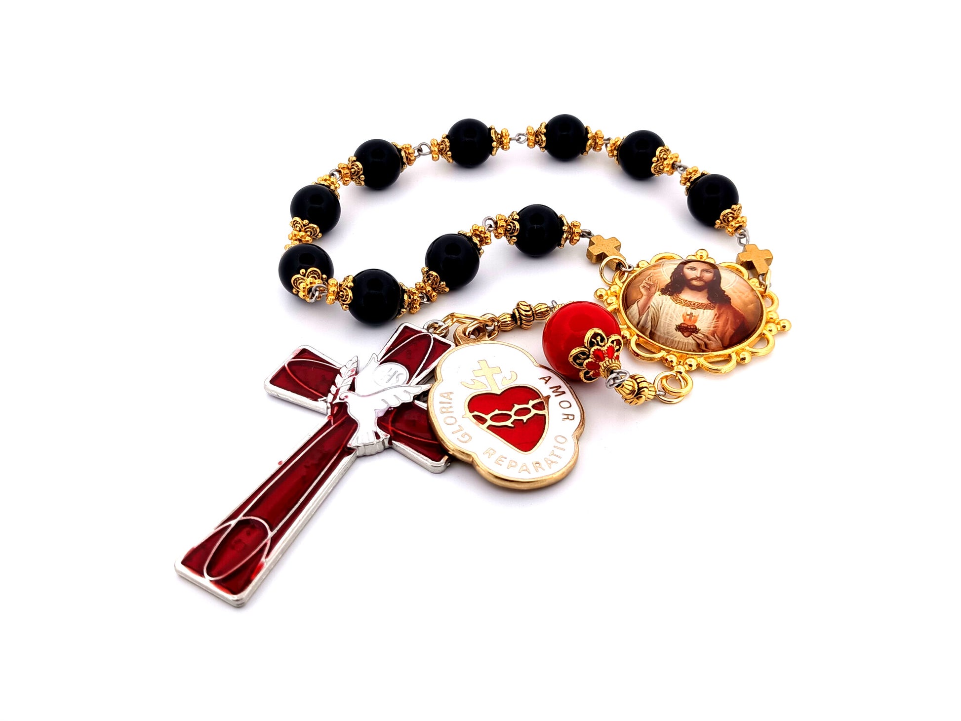 Sacred Heart of Jesus unique rosary beads large onyx gemstone single decade rosary beads with Holy Spirit cross and Sacred Heart medal.