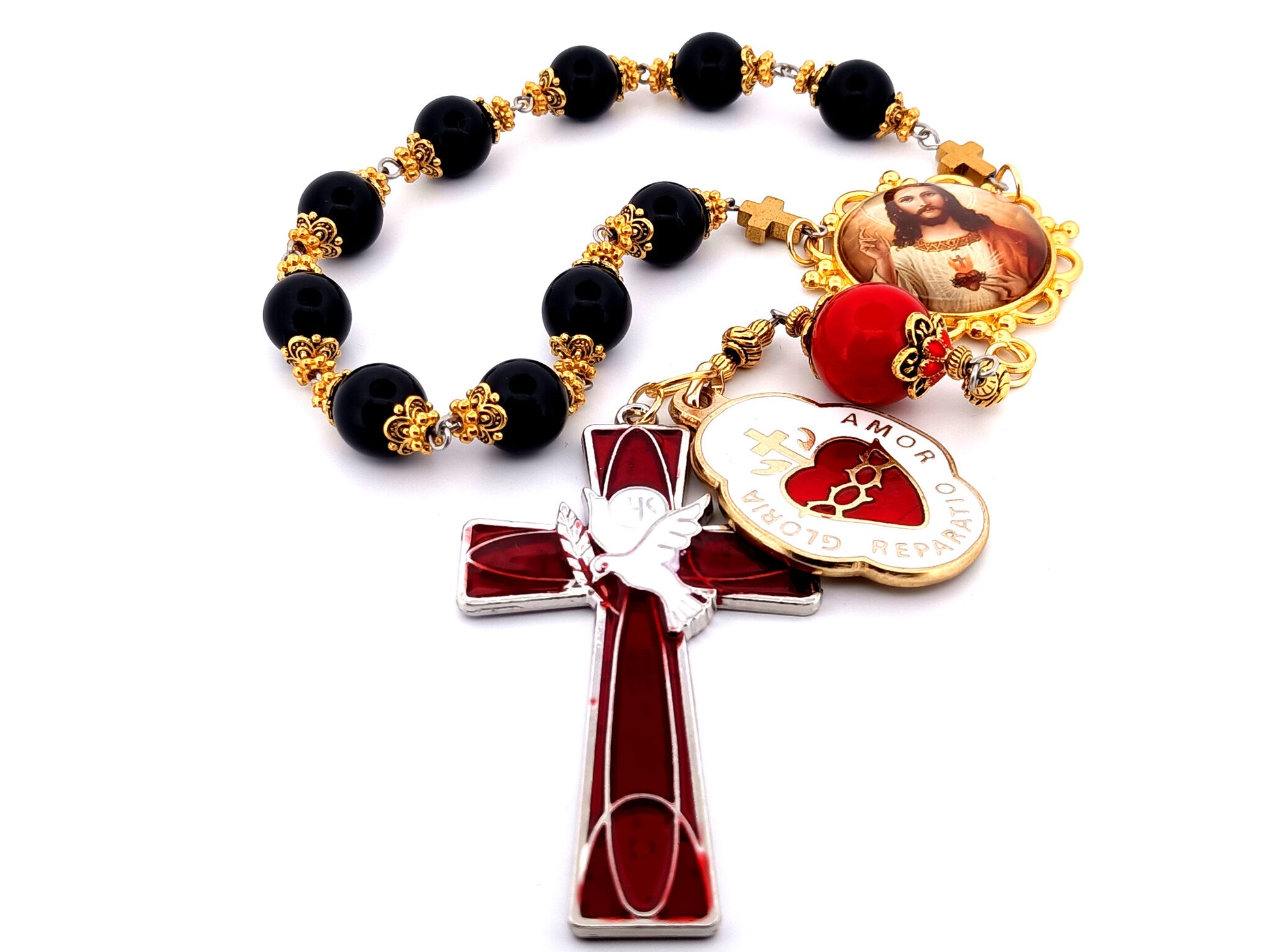 Sacred Heart of Jesus unique rosary beads large onyx gemstone single decade rosary beads with Holy Spirit cross and Sacred Heart medal.