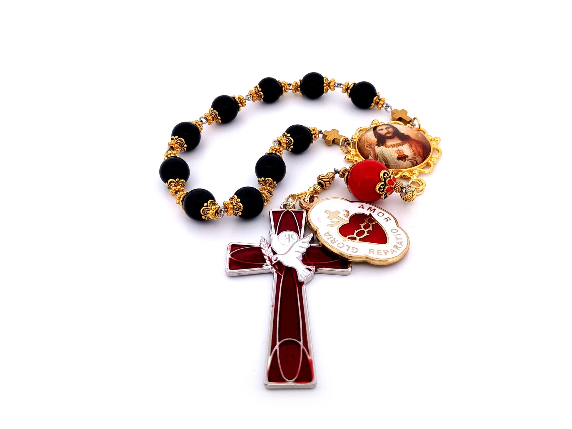 Sacred Heart of Jesus unique rosary beads large onyx gemstone single decade rosary beads with Holy Spirit cross and Sacred Heart medal.