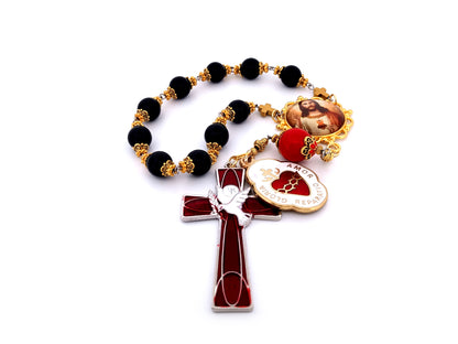 Sacred Heart of Jesus unique rosary beads large onyx gemstone single decade rosary beads with Holy Spirit cross and Sacred Heart medal.