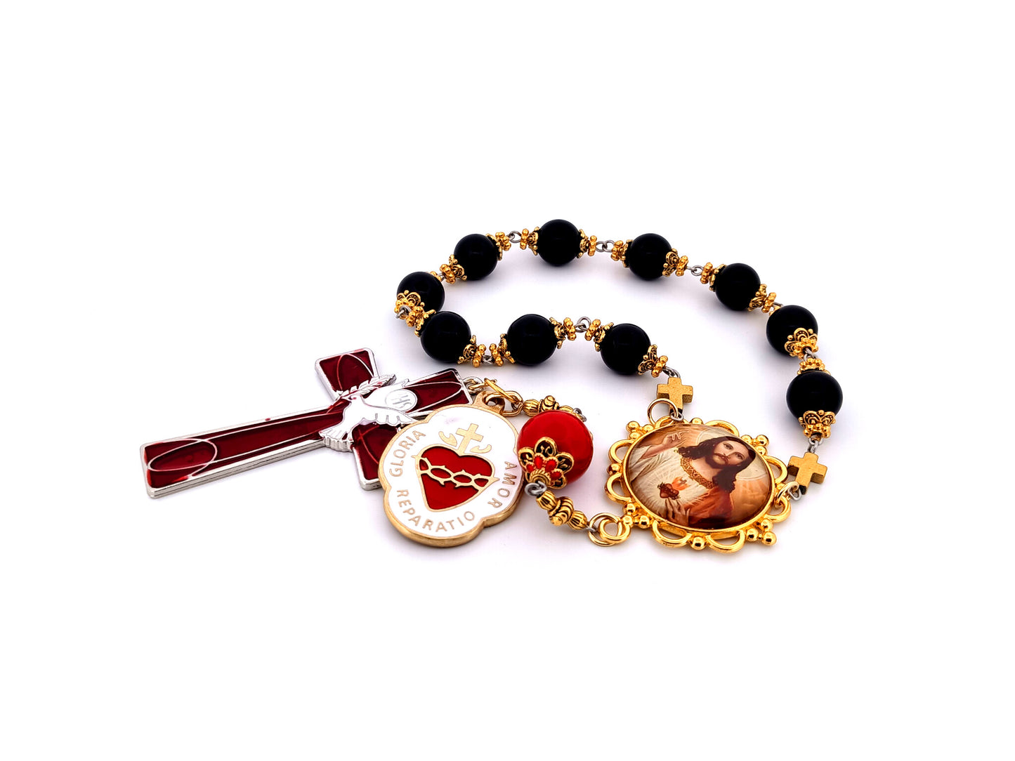 Sacred Heart of Jesus unique rosary beads large onyx gemstone single decade rosary beads with Holy Spirit cross and Sacred Heart medal.