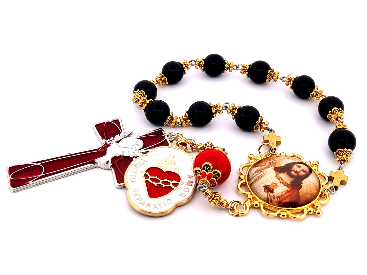 Sacred Heart of Jesus unique rosary beads large onyx gemstone single decade rosary beads with Holy Spirit cross and Sacred Heart medal.