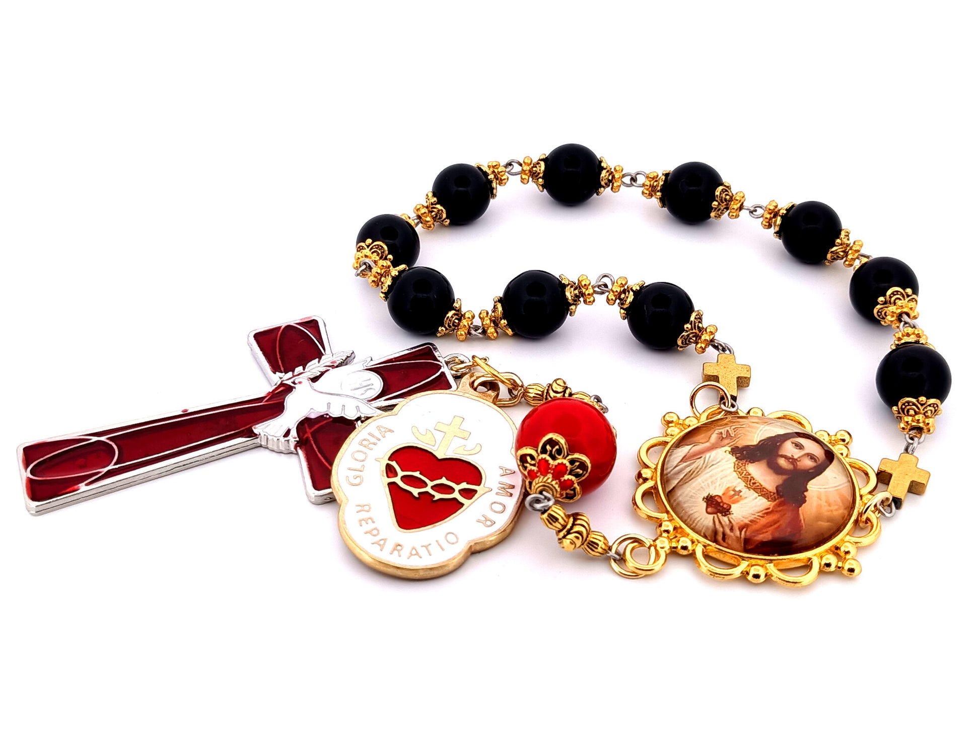 Sacred Heart of Jesus unique rosary beads large onyx gemstone single decade rosary beads with Holy Spirit cross and Sacred Heart medal.