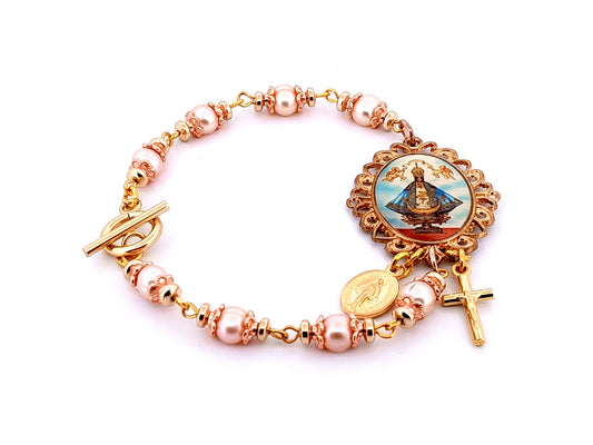 Our Lady of Charity unique rosary beads pink fresh water pearl rosary bracelet with gold Miraculous medal and cross.