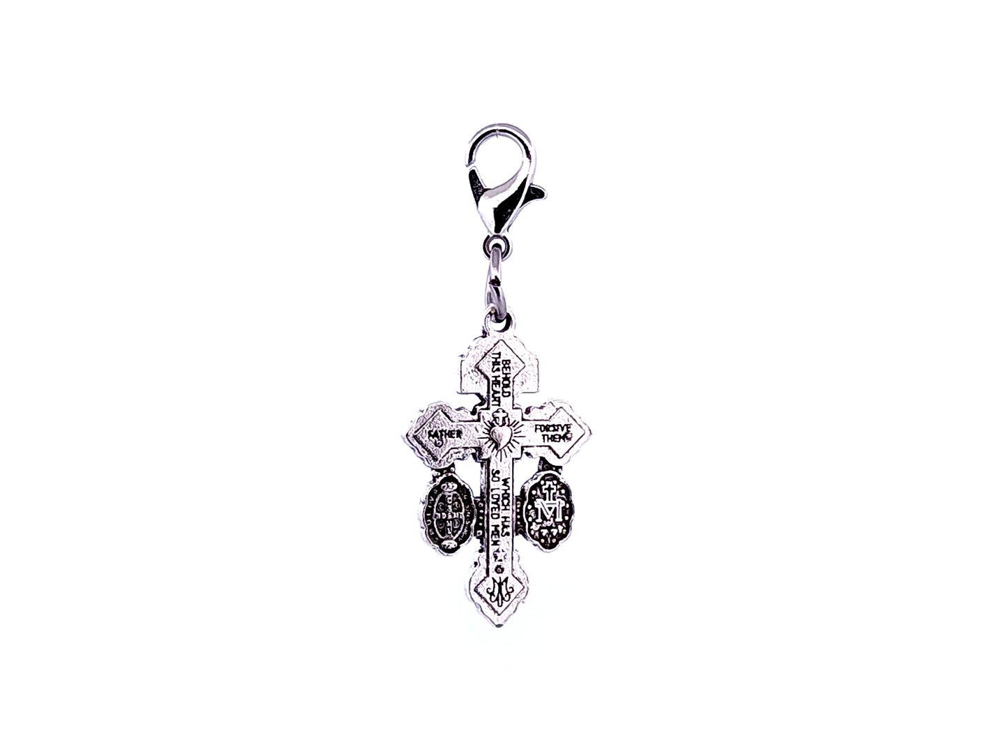 Pardon crucifix unique rosary beads double medal key fob with lobster clip.