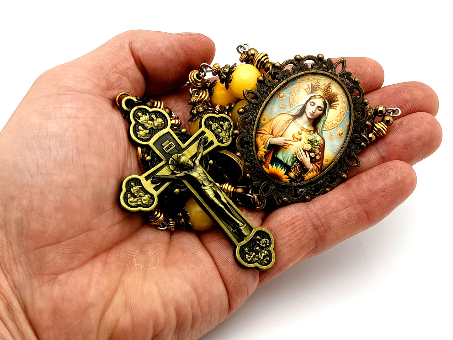 Queen of Heaven unique rosary beads large gemstone single decade rosary beads with Twelve Apostle bronze crucifix Holy Spirit medal.
