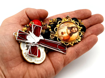 Sacred Heart of Jesus unique rosary beads large onyx gemstone single decade rosary beads with Holy Spirit cross and Sacred Heart medal.