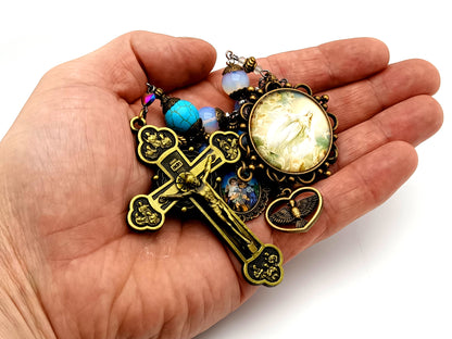 Assumption of Mary unique rosary beads large vintage style opal gemstone single decade rosary beads with Twelve Apostle bronze crucifix.