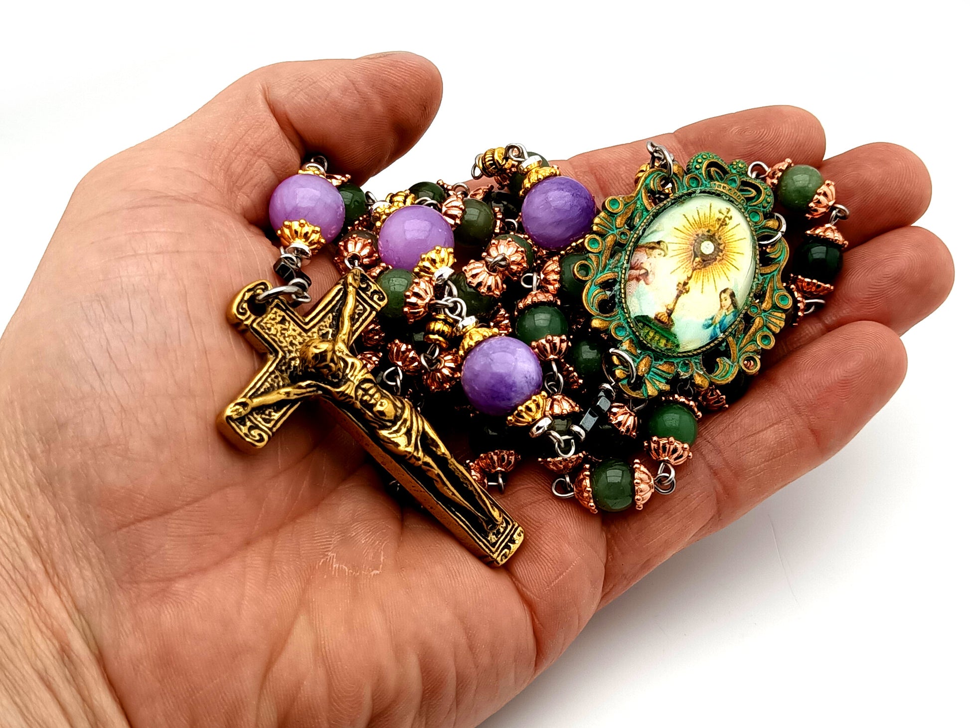 Holy Eucharist unique rosary beads  jasper gemstone rosary beads with lilac jasper beads and bronze crucifix.