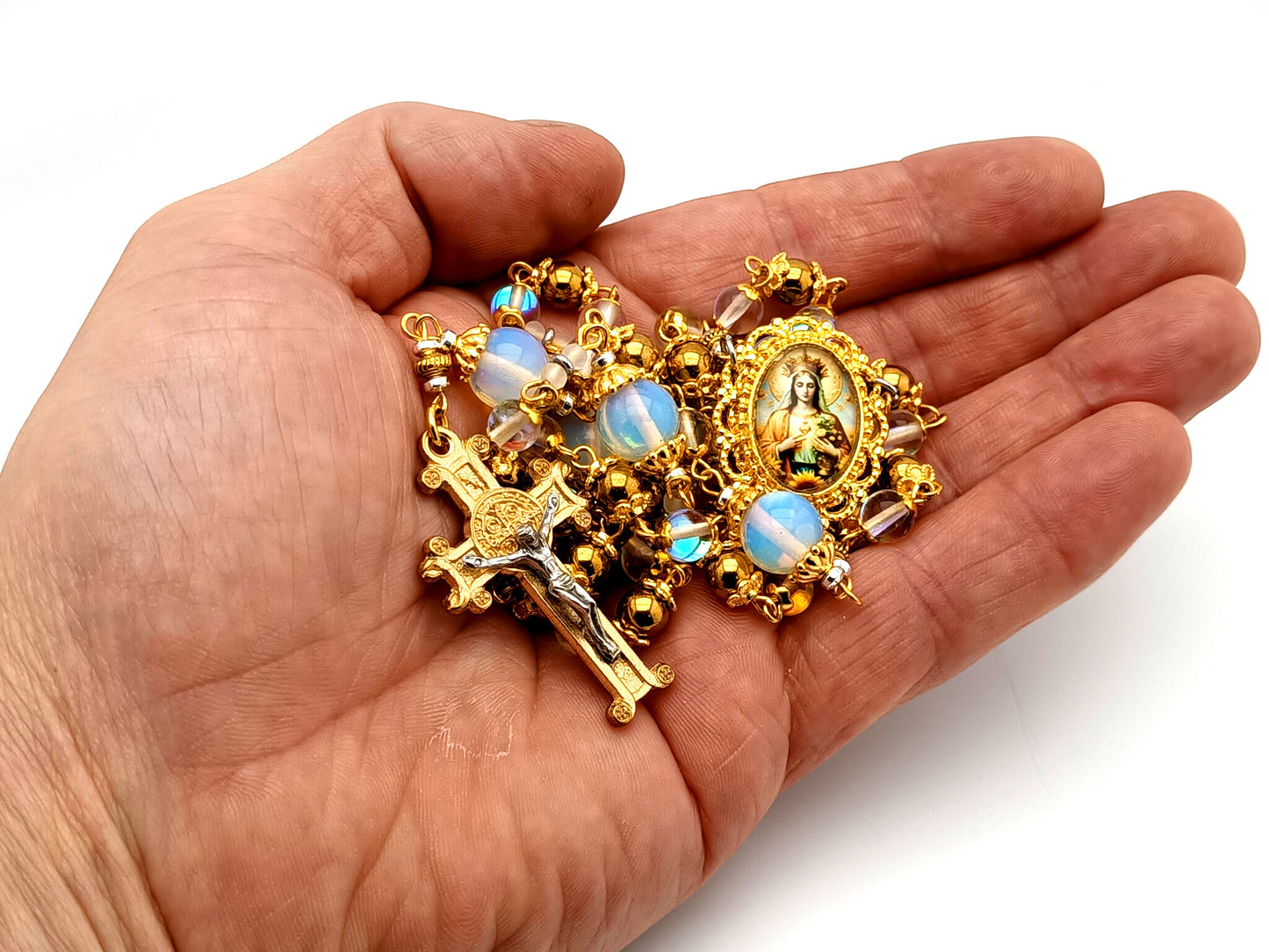 Queen of Heaven unique rosary beads angel aura crystal and opal gemstone rosary beads with Saint Benedict scroll crucifix.