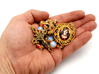 Saint Philomena unique rosary beads glass and gemstone rosary with gold plated stainless steel Holy Spirit crucifix.