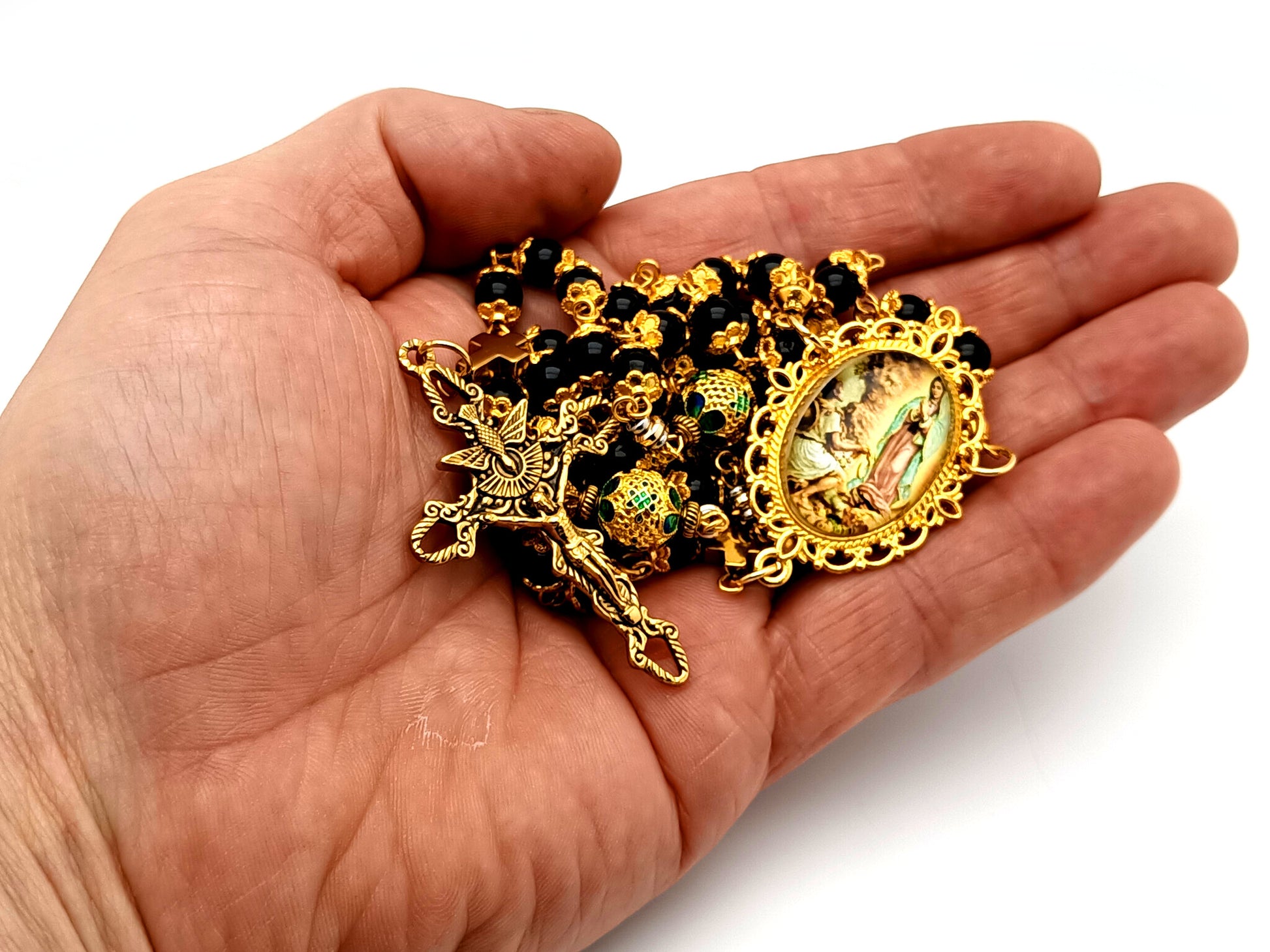Our Lady of Guadalupe and Saint Juan Diego unique rosary beads onyx gemstone rosary beads with Holy Spirit crucifix.