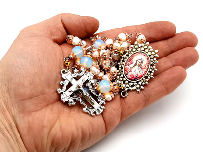 Immaculate Heart of Mary unique rosary beads  freshwater pearl and opal gemstone rosary beads with filigree crucifix.