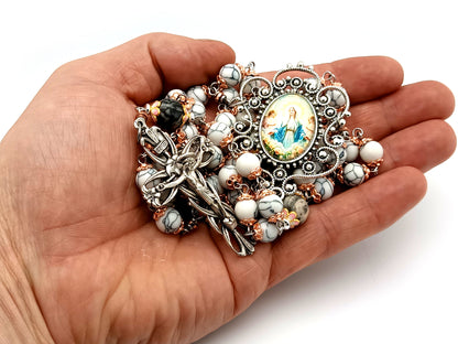 Our Lady Queen of Angels unique rosary beads howlite and larvikite gemstone rosary beads with lily crucifix