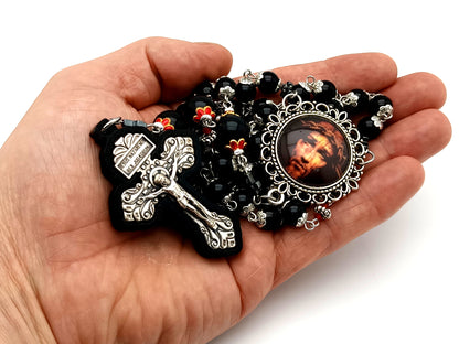 Holy Face of Jesus unique rosary beads onyx gemstone rosary with Pardon crucifix inlaid in ebony wood.