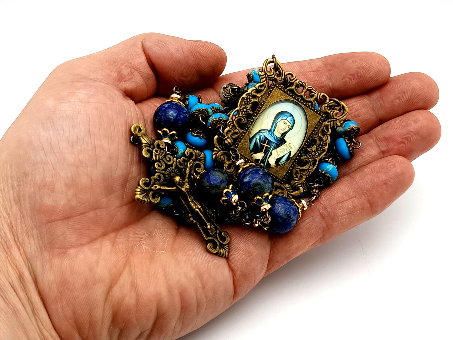 Saint Monica unique rosary beads blue jasper and lapis lazuli gemstone rosary beads with bronze filigree crucifix.