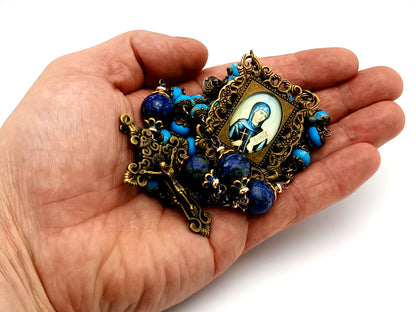 Saint Monica unique rosary beads blue jasper and lapis lazuli gemstone rosary beads with bronze filigree crucifix.