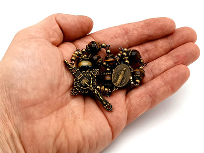 Vintage style unique rosary beads Miraculous medal tigers eye gemstone single decade pocket rosary beads with bronze crucifix.