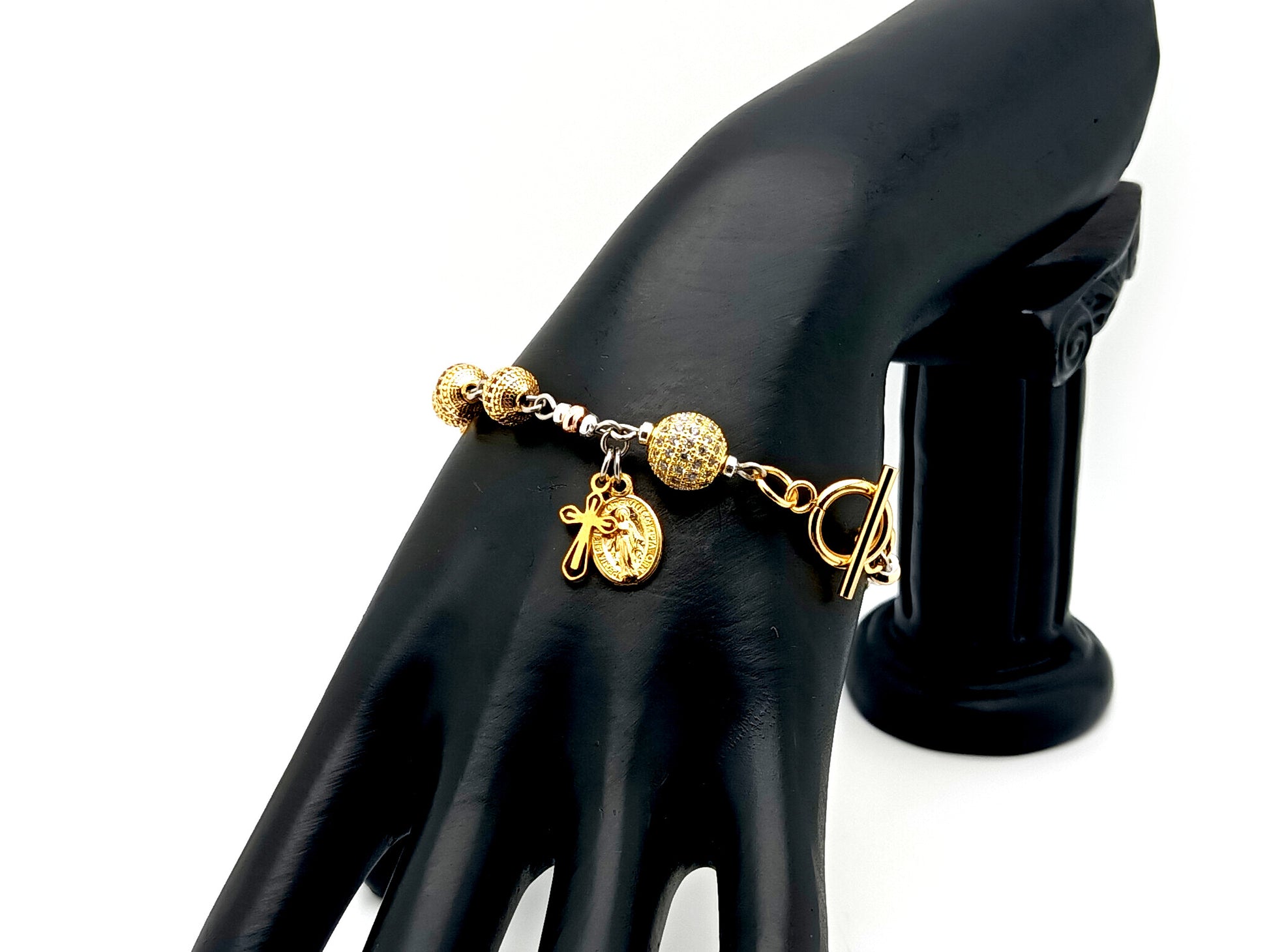 Miraculous medal unique rosary beads 18K gold zirconia single decade rosary bracelet with 18K gold plated crystal Our father bead.