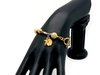 Miraculous medal unique rosary beads 18K gold zirconia single decade rosary bracelet with 18K gold plated crystal Our father bead.