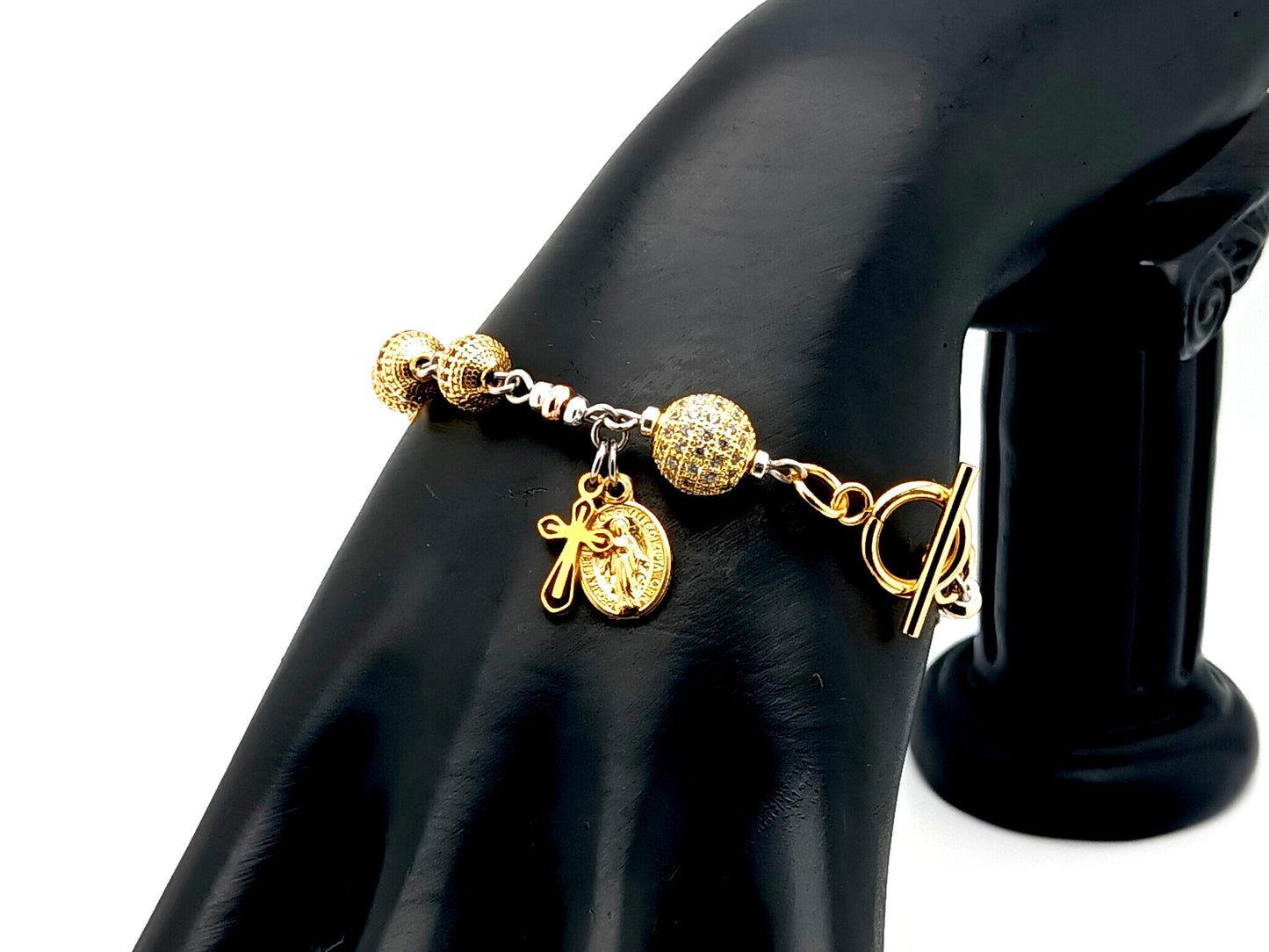 Miraculous medal unique rosary beads 18K gold zirconia single decade rosary bracelet with 18K gold plated crystal Our father bead.