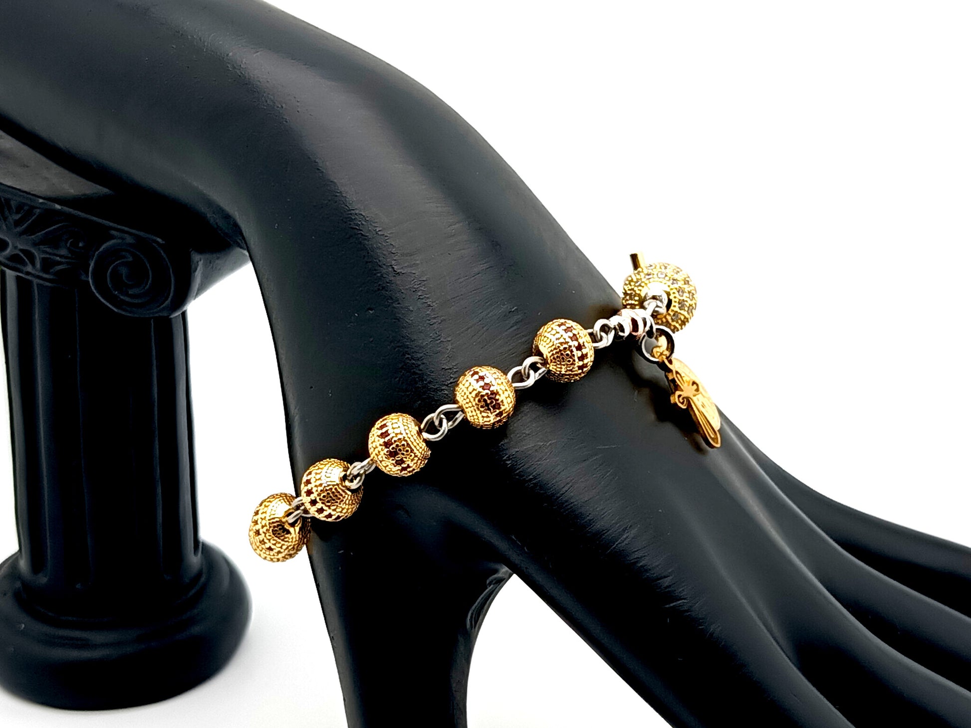 Miraculous medal unique rosary beads 18K gold zirconia single decade rosary bracelet with 18K gold plated crystal Our father bead.