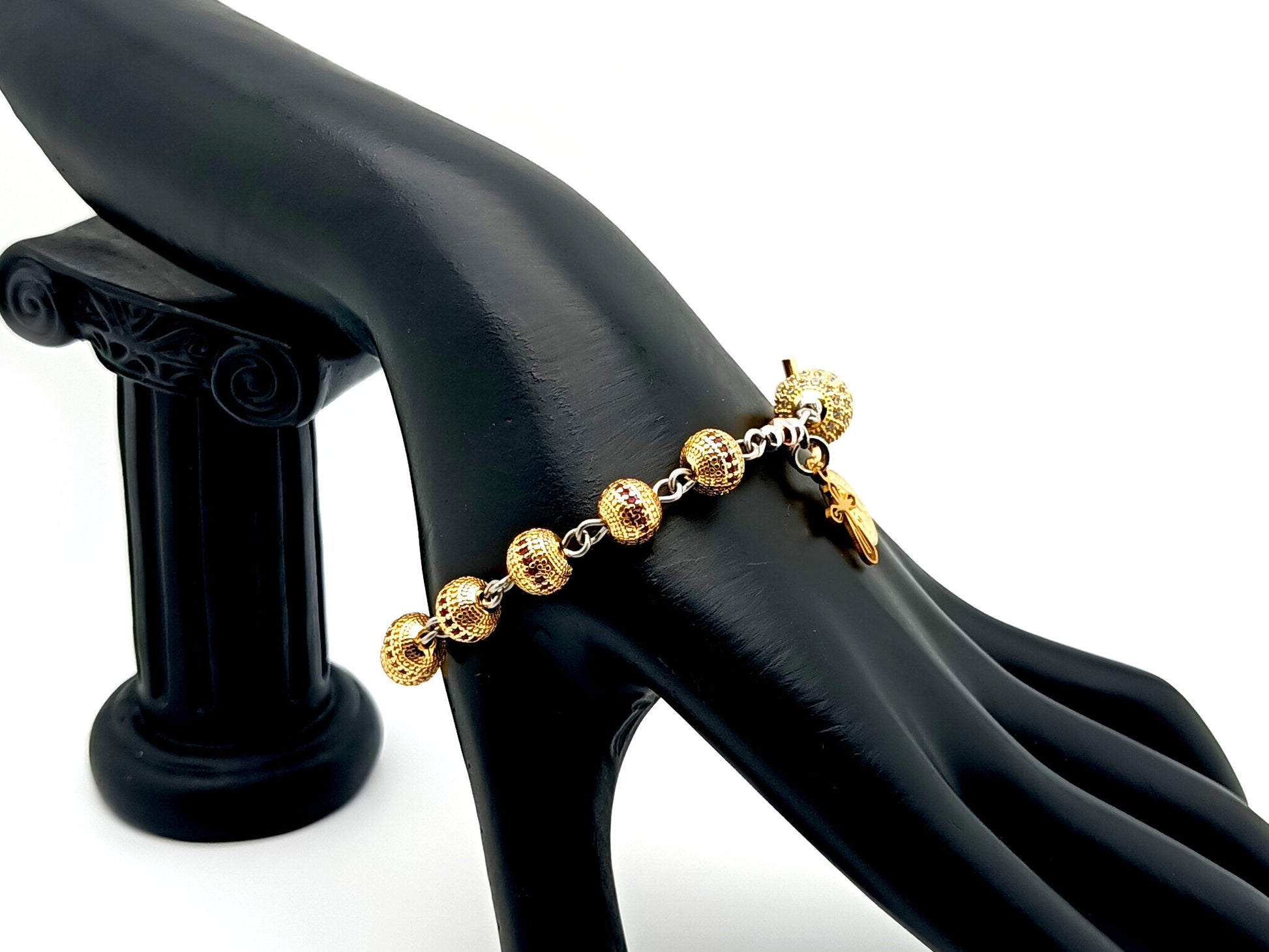 Miraculous medal unique rosary beads 18K gold zirconia single decade rosary bracelet with 18K gold plated crystal Our father bead.