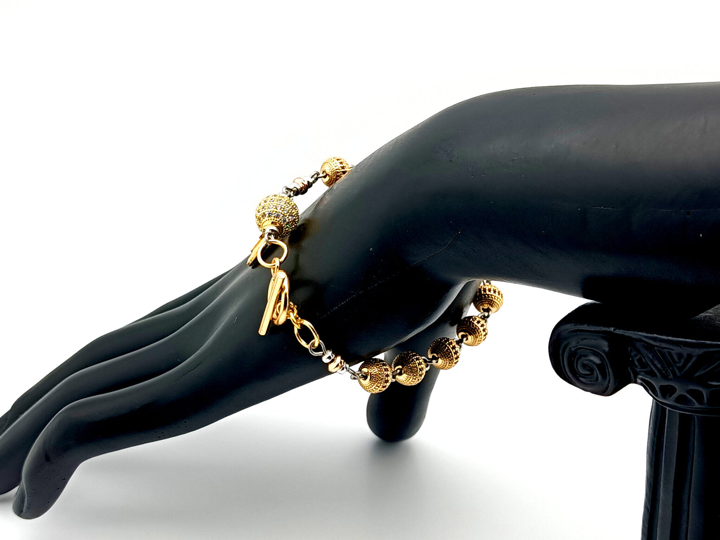 Miraculous medal unique rosary beads 18K gold zirconia single decade rosary bracelet with 18K gold plated crystal Our father bead.