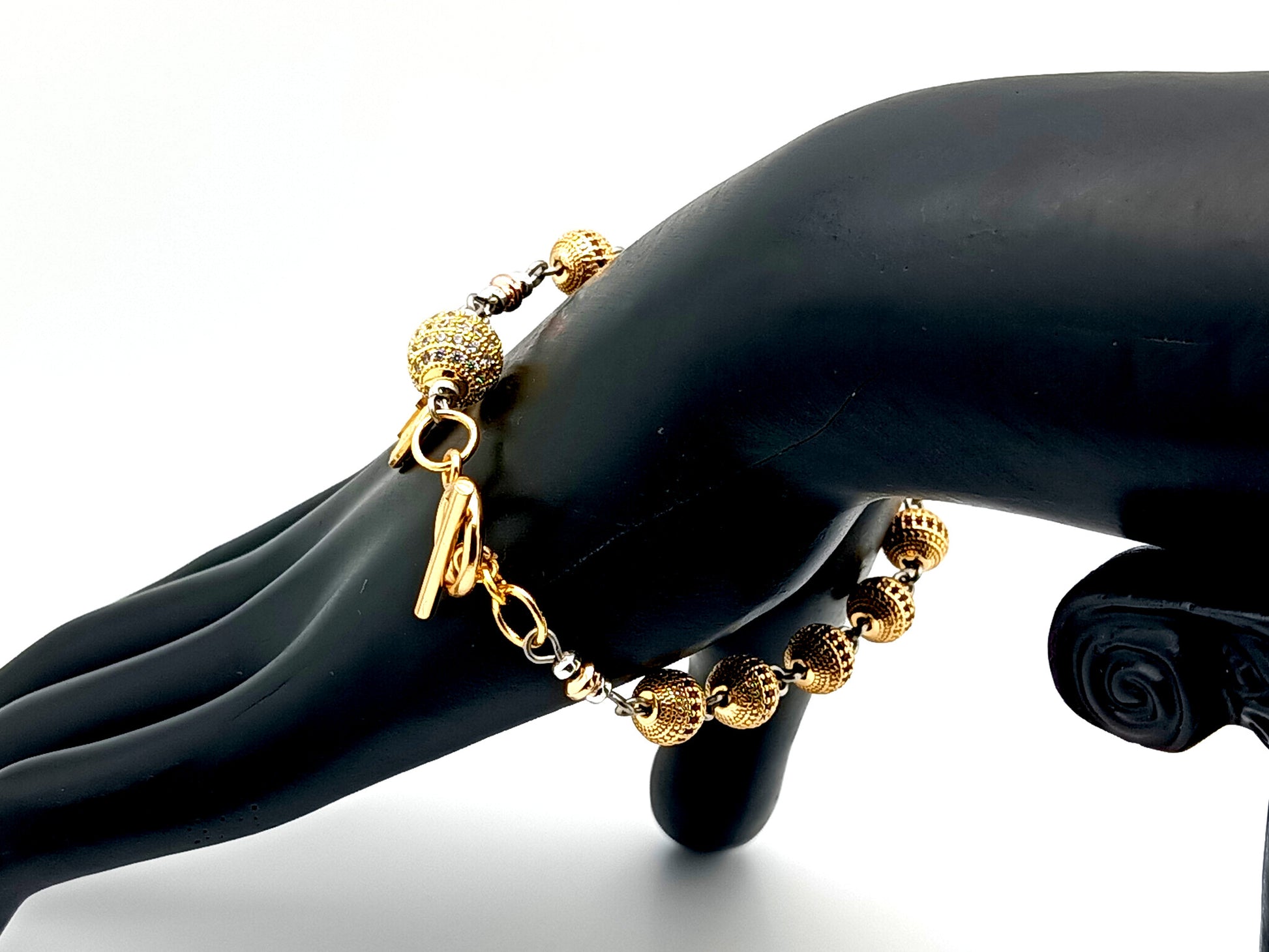 Miraculous medal unique rosary beads 18K gold zirconia single decade rosary bracelet with 18K gold plated crystal Our father bead.