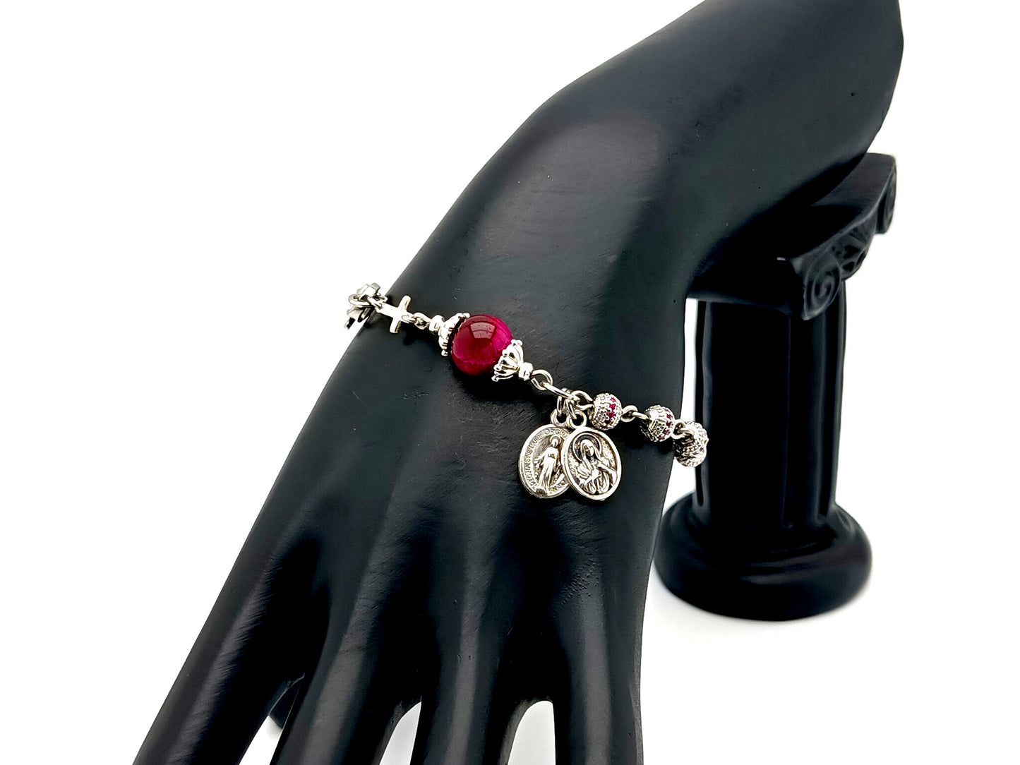 Miraculous medal unique rosary beads platinum plated cubic zirconia single decade rosary bracelet with 925 sterling silver cross.