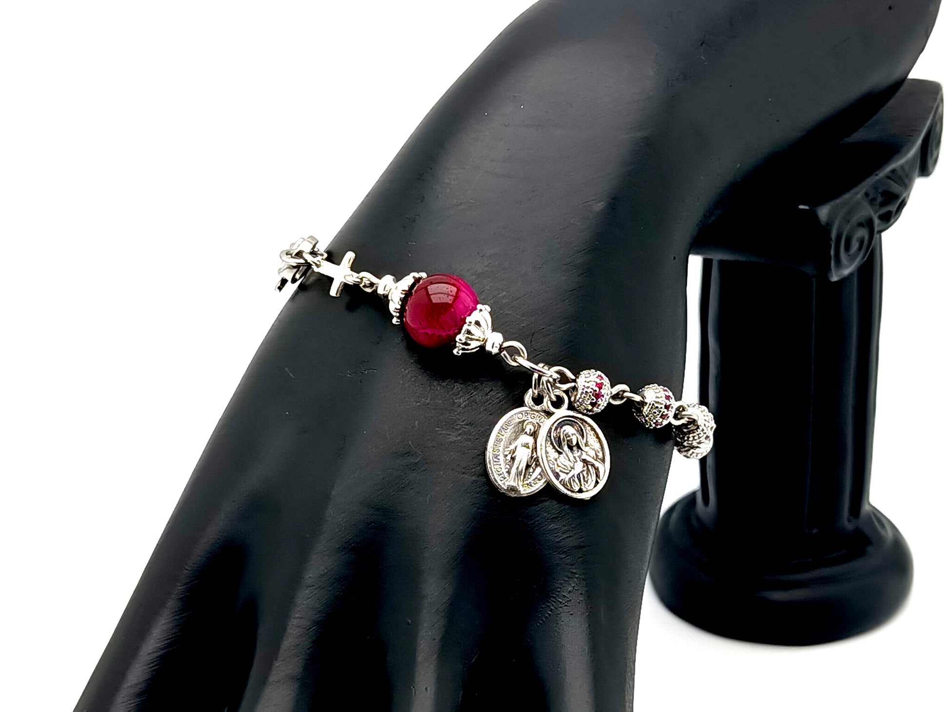 Miraculous medal unique rosary beads platinum plated cubic zirconia single decade rosary bracelet with 925 sterling silver cross.