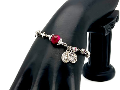 Miraculous medal unique rosary beads platinum plated cubic zirconia single decade rosary bracelet with 925 sterling silver cross.
