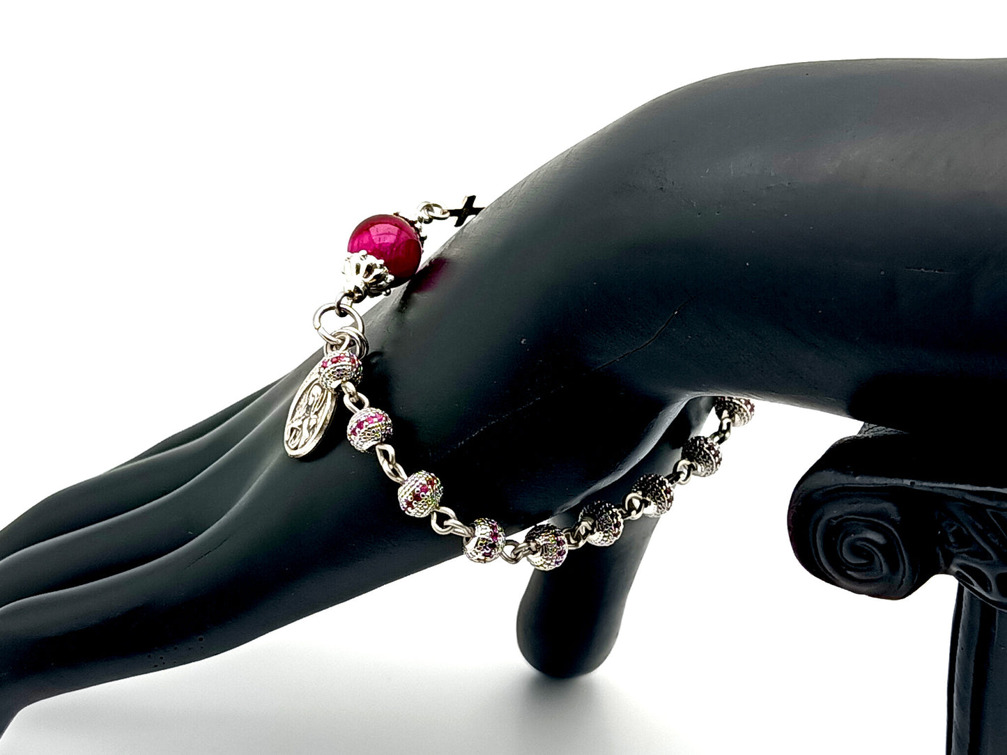 Miraculous medal unique rosary beads platinum plated cubic zirconia single decade rosary bracelet with 925 sterling silver cross.