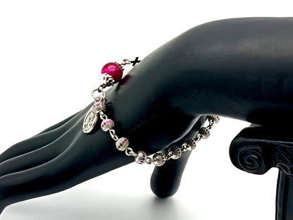 Miraculous medal unique rosary beads platinum plated cubic zirconia single decade rosary bracelet with 925 sterling silver cross.