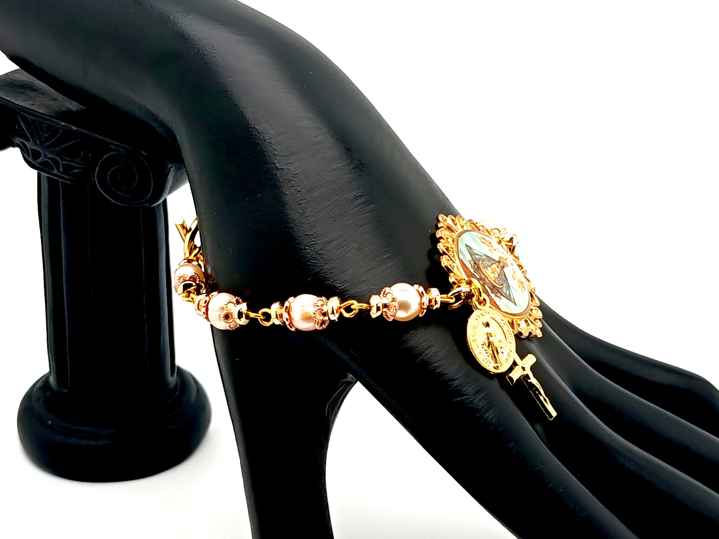 Our Lady of Charity unique rosary beads pink fresh water pearl rosary bracelet with gold Miraculous medal and cross.