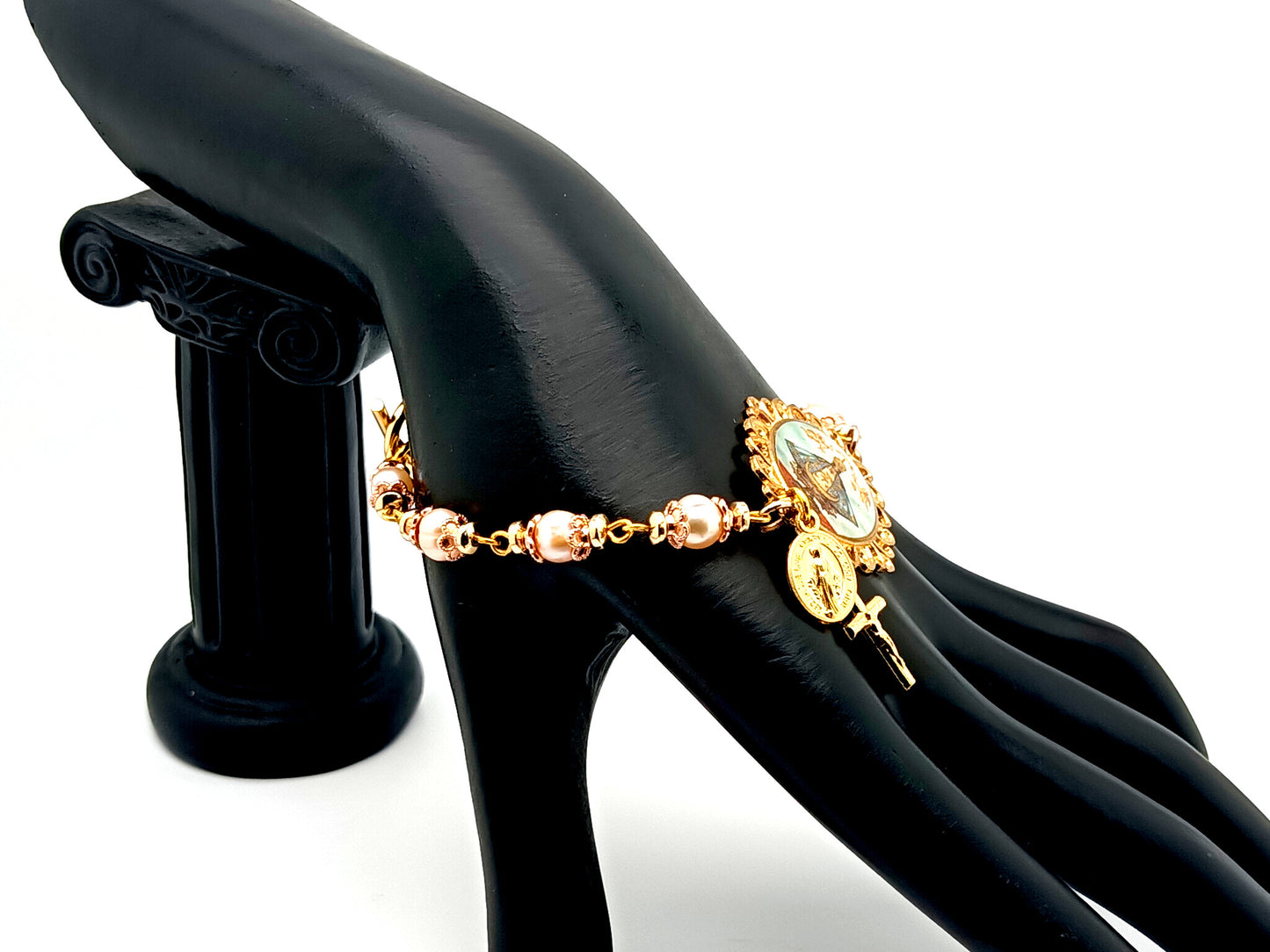 Our Lady of Charity unique rosary beads pink fresh water pearl rosary bracelet with gold Miraculous medal and cross.