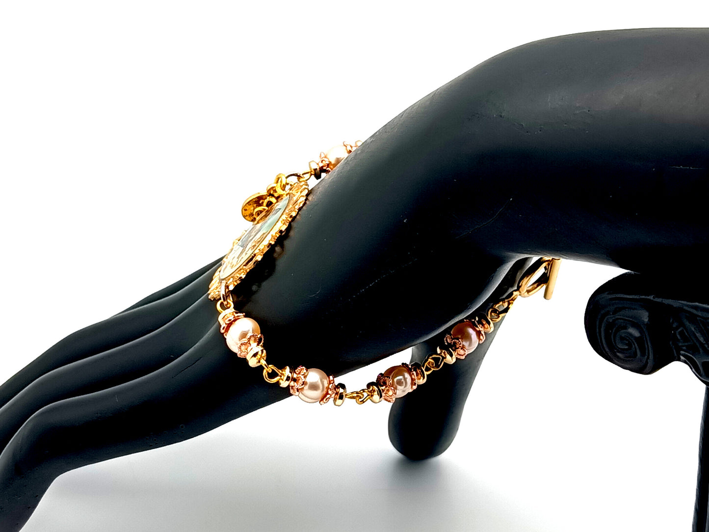 Our Lady of Charity unique rosary beads pink fresh water pearl rosary bracelet with gold Miraculous medal and cross.