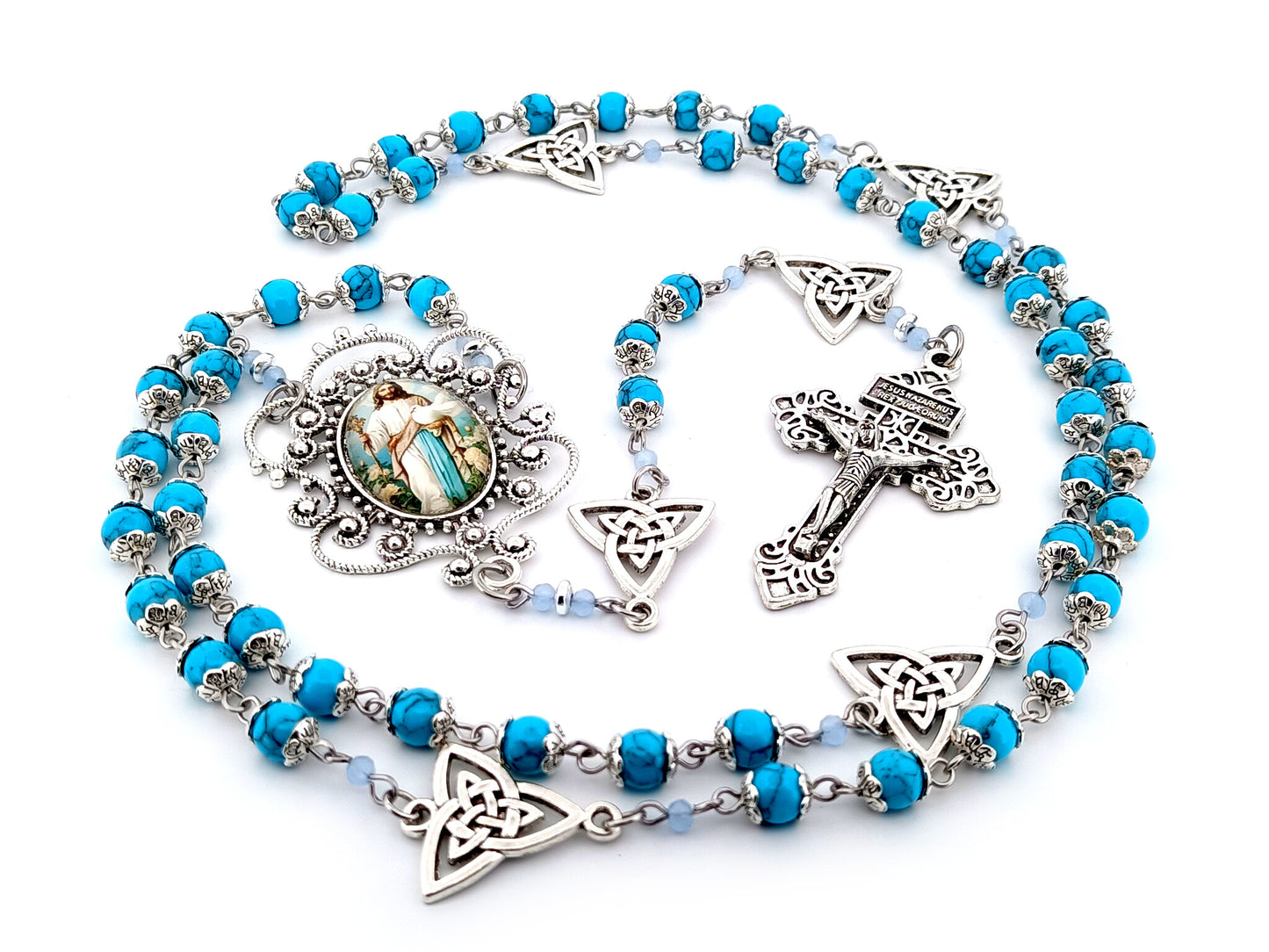 Spirit of Jesus unique rosary beads turquoise gemstone rosary beads with Holy Trinity medals and Pardon crucifix.