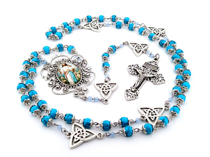 Spirit of Jesus unique rosary beads turquoise gemstone rosary beads with Holy Trinity medals and Pardon crucifix.