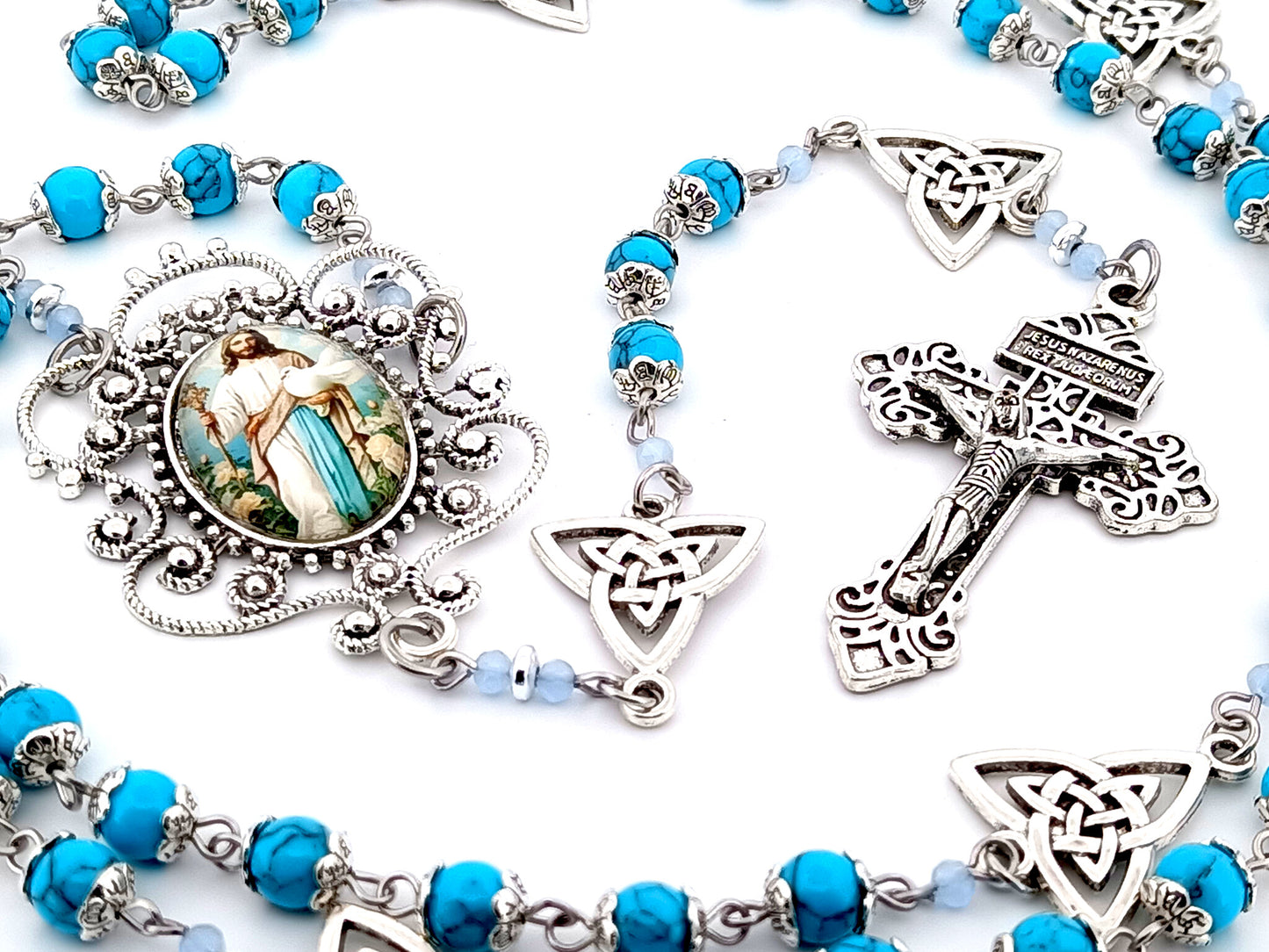 Spirit of Jesus unique rosary beads turquoise gemstone rosary beads with Holy Trinity medals and Pardon crucifix.