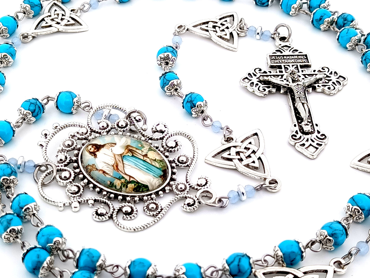 Spirit of Jesus unique rosary beads turquoise gemstone rosary beads with Holy Trinity medals and Pardon crucifix.